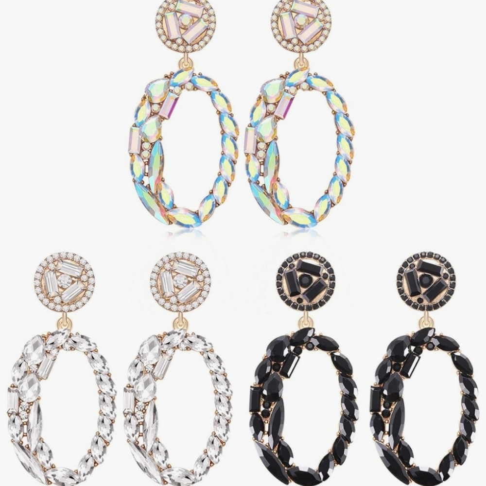 BLACK Oval Dangle Earrings Crystal Geometric Ellipse Drop Statement Earrings - Picture 4 of 4